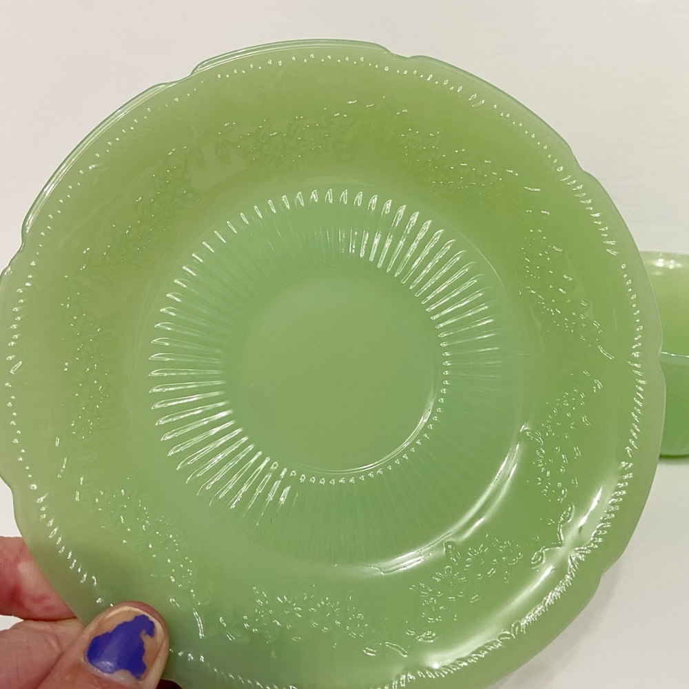 Vtg JADEITE (Jadite)/Anchor Hocking 3pc Set 2 Saucers 1 Cup Green Coffee Tea Set - Picture 4 of 17